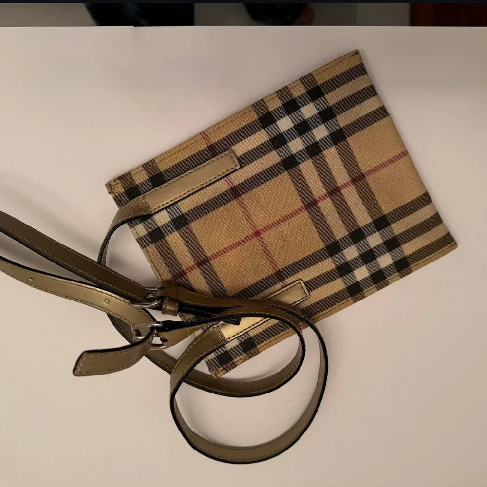 Burberry Nova Check Coated Canvas Crossbody Bag with metallic strap